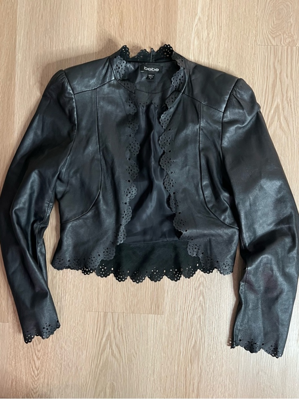 bebe Black Scalloped-Edge Cropped Genuine Leather Jacket